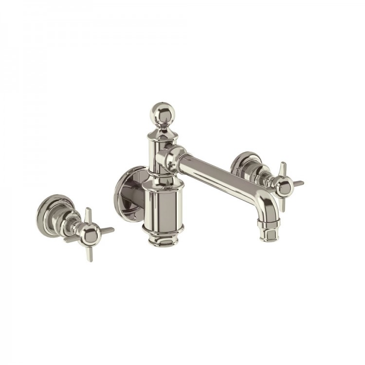 Arcade Three Hole Basin Mixer Taps - Wall Mounted - without Pop Up Waste - Nickel (ARC16)