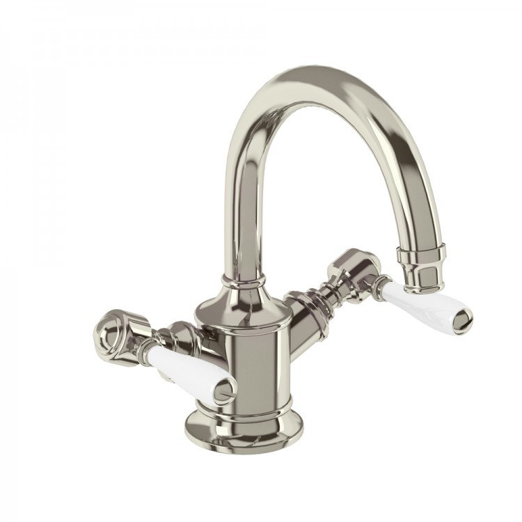 Arcade Dual Lever Basin Mixer without Pop Up Waste - Nickel & White (ARC14-NKL-ARC65-NKL)