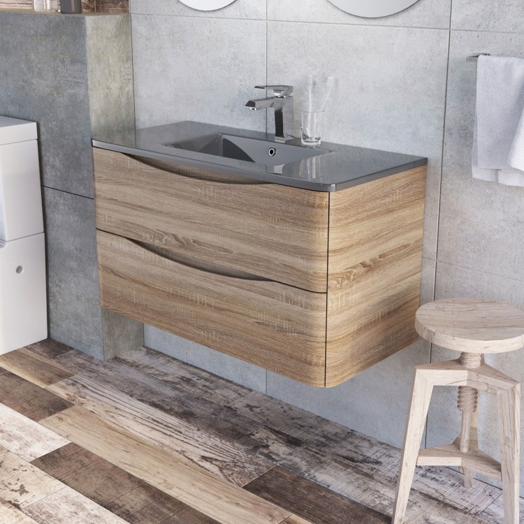 Erin 900mm Wall Mounted Vanity Unit and Basin Light Oak with Grey Glass Basin (24443)
