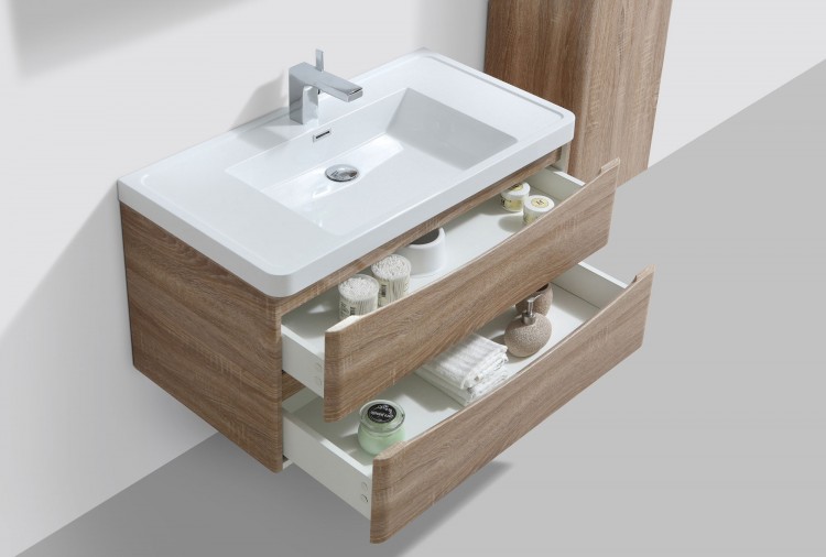 Erin 900mm Wall Mounted Vanity Unit and Basin Light Oak with White Glass Basin (22543)