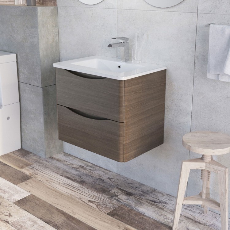 Erin 600mm Wall Mounted Vanity Unit and Basin Grey Elm with White Glass Basin (22535)