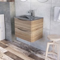 Erin 600mm Wall Mounted Vanity Unit and Basin Light Oak with Grey Glass Basin (24441)