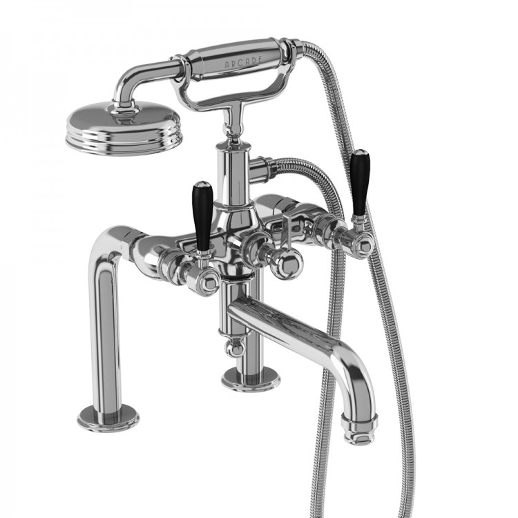 Arcade Bath Shower Mixer - Deck Mounted with Handset - Chrome & Black lever handles (ARC18-CHR-ARC66-CHR)