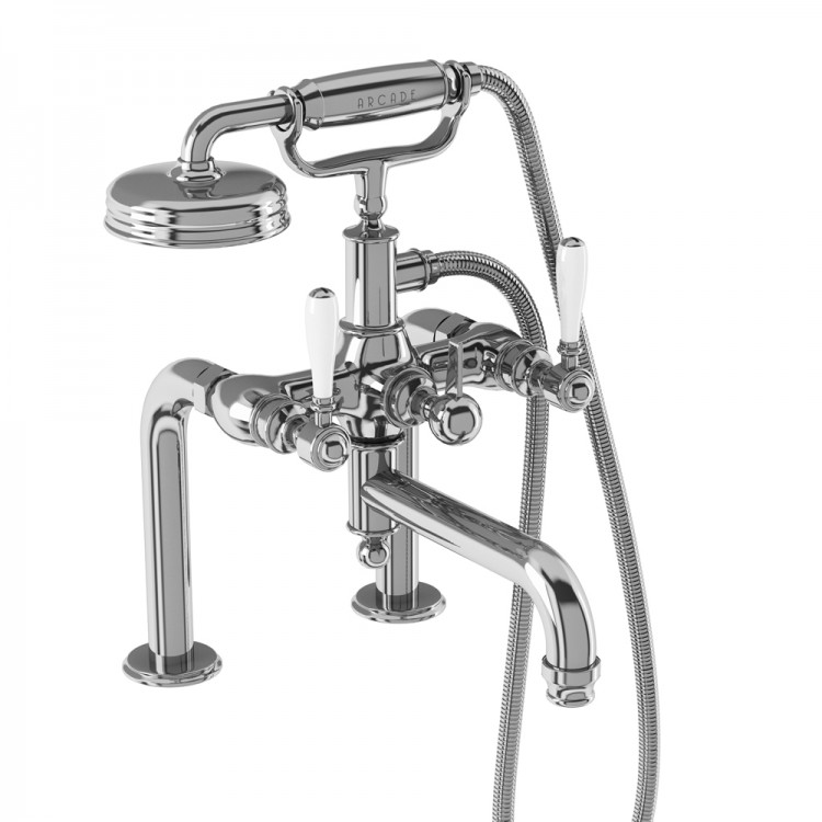 Arcade Bath Shower Mixer - Deck Mounted with Handset - Chrome & White lever handles (ARC18-CHR-ARC65-CHR)