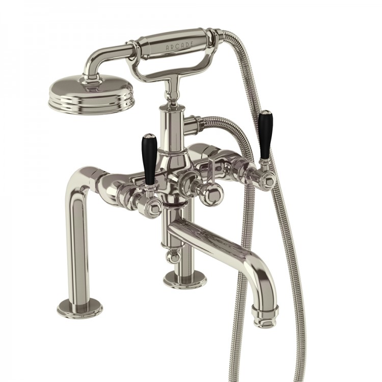 Arcade Bath Shower Mixer - Deck Mounted with Handset - Nickel & Black lever handles (ARC18-NKL-ARC66-NKL)