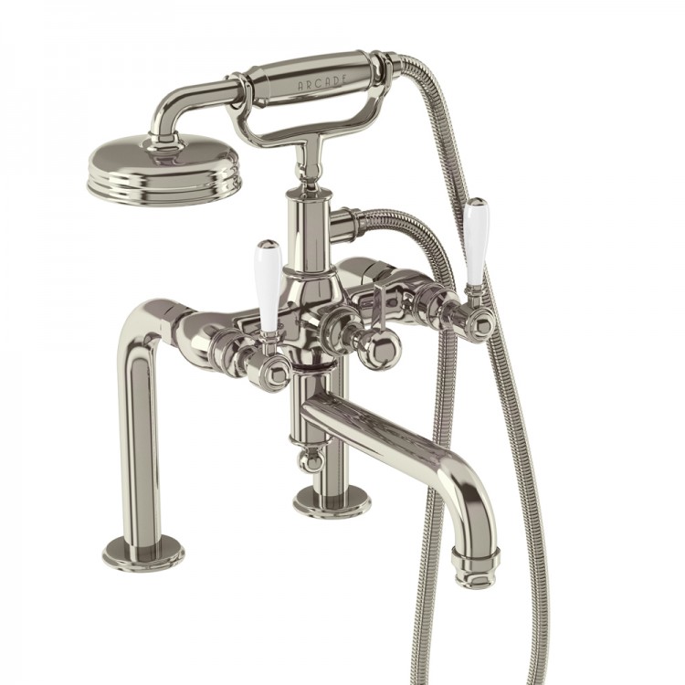 Arcade Bath Shower Mixer - Deck Mounted with Handset - Nickel & White lever handles (ARC18-NKL-ARC65-NKL)
