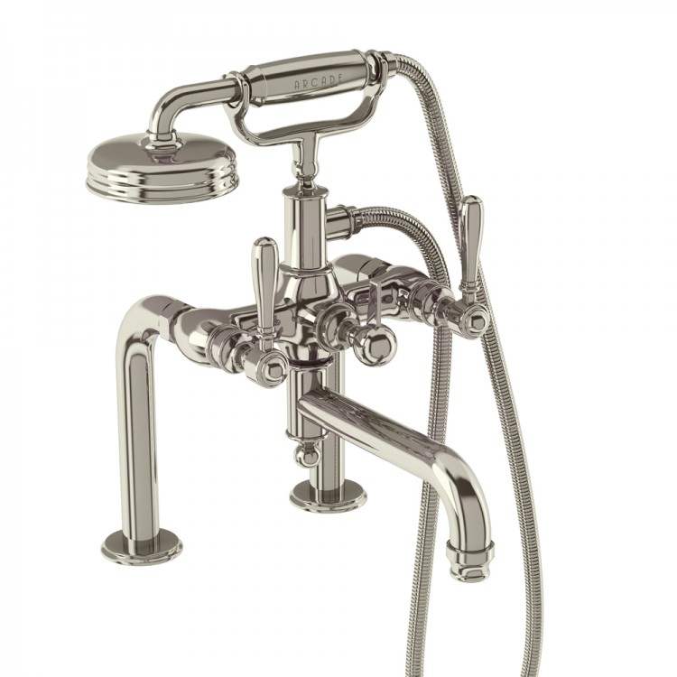 Arcade Bath Shower Mixer - Deck Mounted with Handset - Nickel & Nickel lever handles (ARC18-NKL-ARC67-NKL)