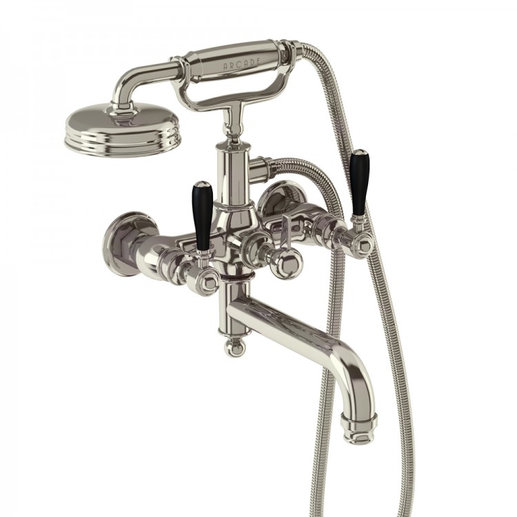 Arcade Bath Shower Mixer - Wall Mounted with Brass Handle Handset - Nickel (ARC19-NKL-ARC66-NKL)