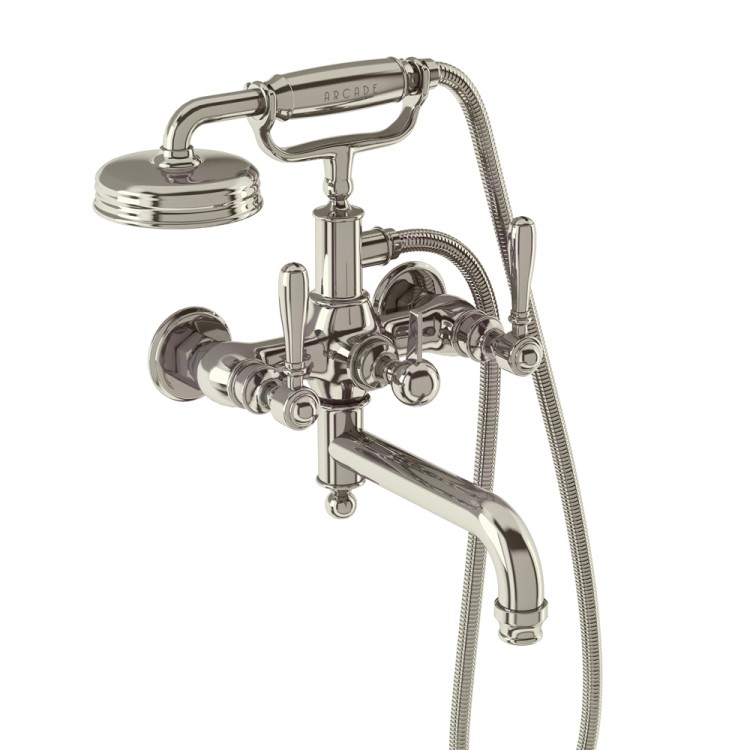 Arcade Bath Shower Mixer - Wall Mounted with Brass Handle Handset - Nickel (ARC19-NKL-ARC67-NKL)